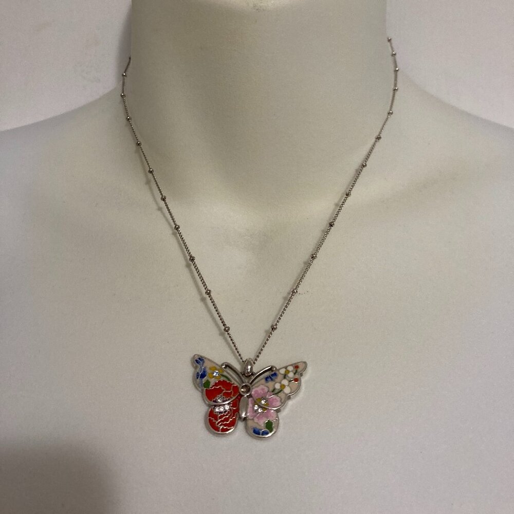 BRIGHTON Blossom Hill Garden Butterfly Pendant Necklace Silver Red Pink White